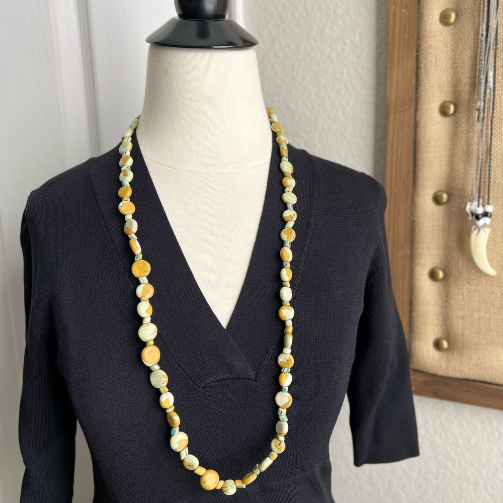 Vintage Green Tone Stone Beads Long Necklace 34”